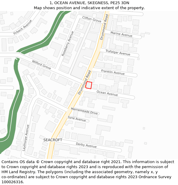 1, OCEAN AVENUE, SKEGNESS, PE25 3DN: Location map and indicative extent of plot