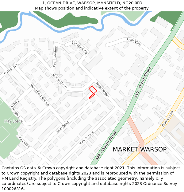 1, OCEAN DRIVE, WARSOP, MANSFIELD, NG20 0FD: Location map and indicative extent of plot