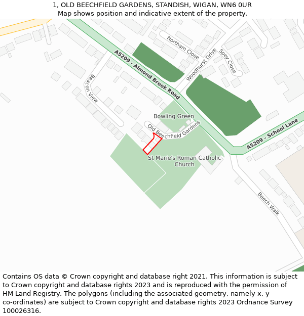 1, OLD BEECHFIELD GARDENS, STANDISH, WIGAN, WN6 0UR: Location map and indicative extent of plot