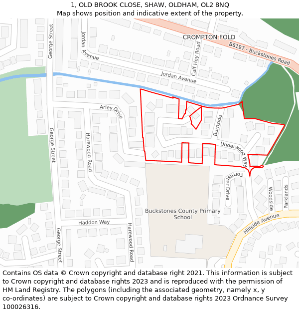1, OLD BROOK CLOSE, SHAW, OLDHAM, OL2 8NQ: Location map and indicative extent of plot