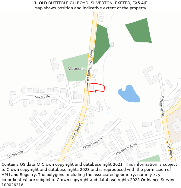1, OLD BUTTERLEIGH ROAD, SILVERTON, EXETER, EX5 4JE: Location map and indicative extent of plot
