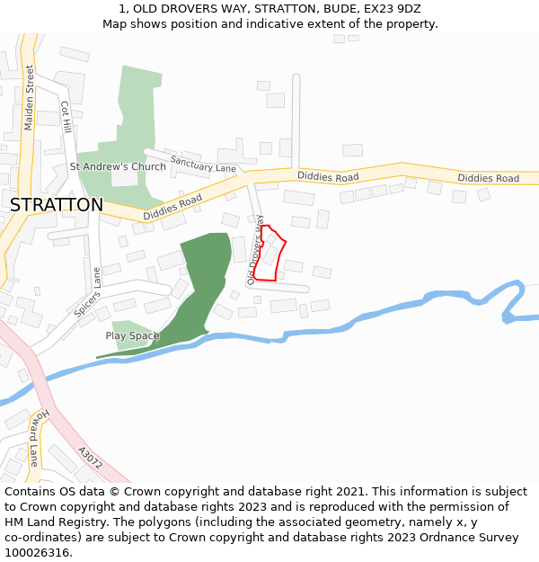 1, OLD DROVERS WAY, STRATTON, BUDE, EX23 9DZ: Location map and indicative extent of plot