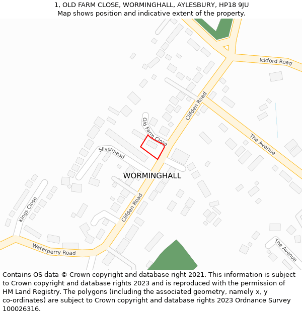 1, OLD FARM CLOSE, WORMINGHALL, AYLESBURY, HP18 9JU: Location map and indicative extent of plot