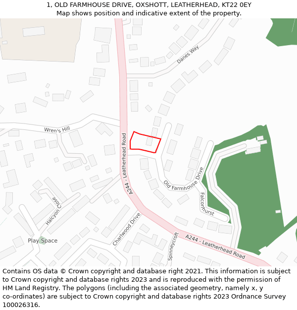 1, OLD FARMHOUSE DRIVE, OXSHOTT, LEATHERHEAD, KT22 0EY: Location map and indicative extent of plot