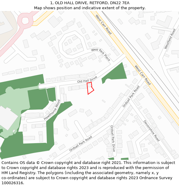 1, OLD HALL DRIVE, RETFORD, DN22 7EA: Location map and indicative extent of plot