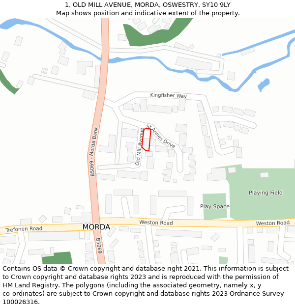 1, OLD MILL AVENUE, MORDA, OSWESTRY, SY10 9LY: Location map and indicative extent of plot
