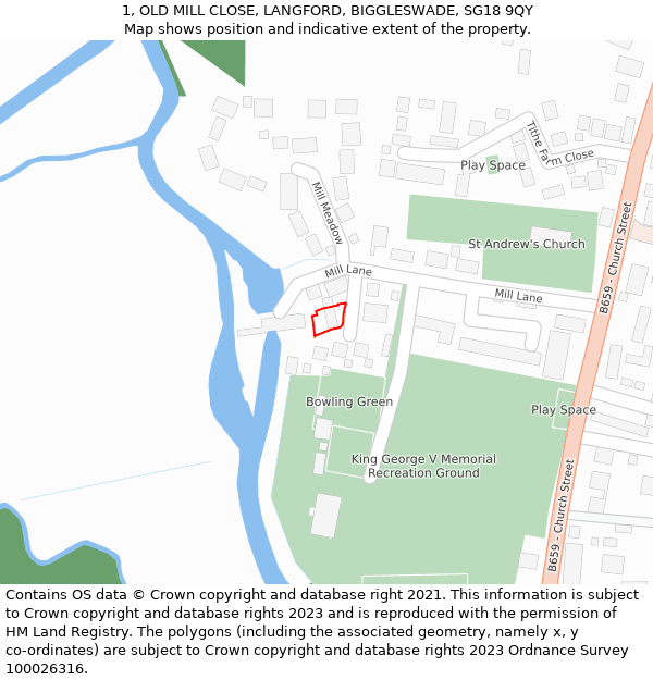 1, OLD MILL CLOSE, LANGFORD, BIGGLESWADE, SG18 9QY: Location map and indicative extent of plot