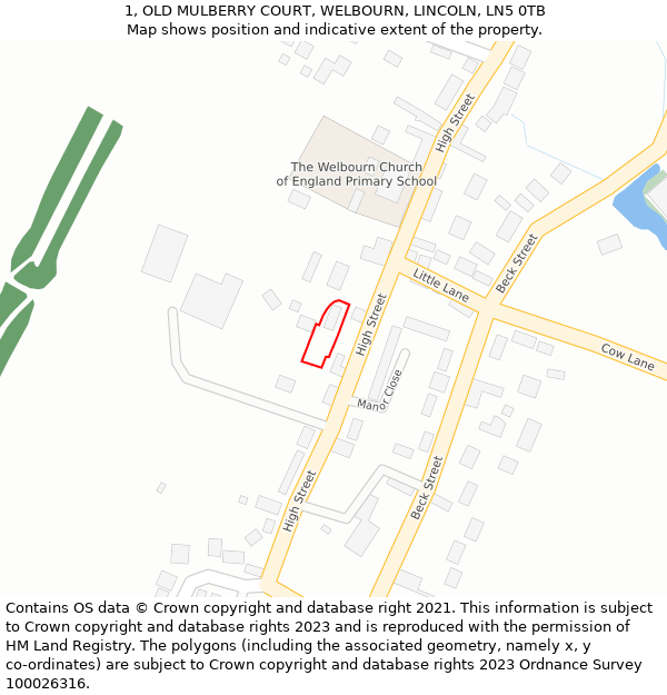 1, OLD MULBERRY COURT, WELBOURN, LINCOLN, LN5 0TB: Location map and indicative extent of plot