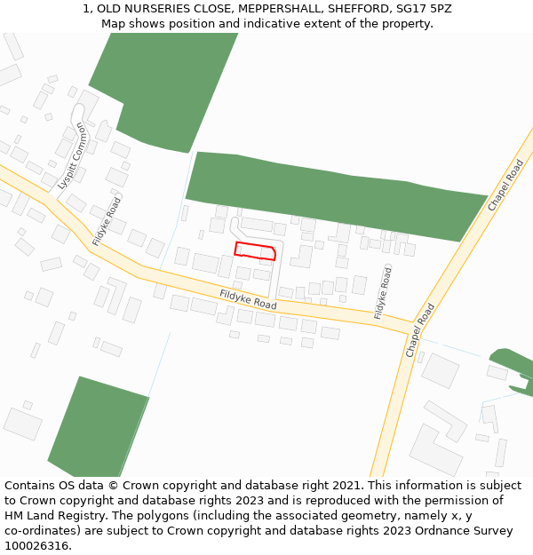 1, OLD NURSERIES CLOSE, MEPPERSHALL, SHEFFORD, SG17 5PZ: Location map and indicative extent of plot