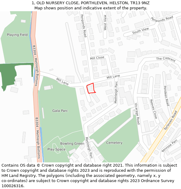 1, OLD NURSERY CLOSE, PORTHLEVEN, HELSTON, TR13 9NZ: Location map and indicative extent of plot