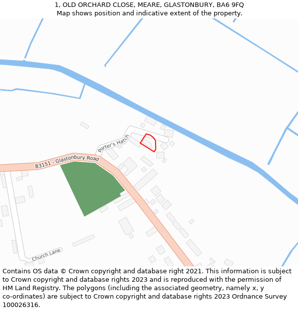 1, OLD ORCHARD CLOSE, MEARE, GLASTONBURY, BA6 9FQ: Location map and indicative extent of plot