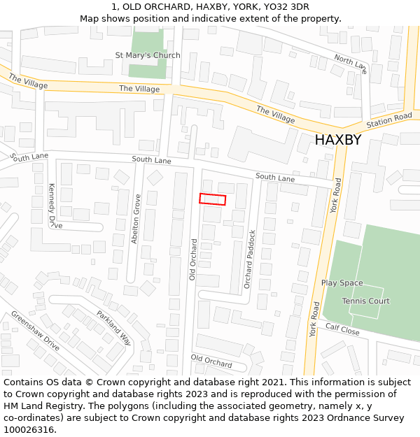 1, OLD ORCHARD, HAXBY, YORK, YO32 3DR: Location map and indicative extent of plot