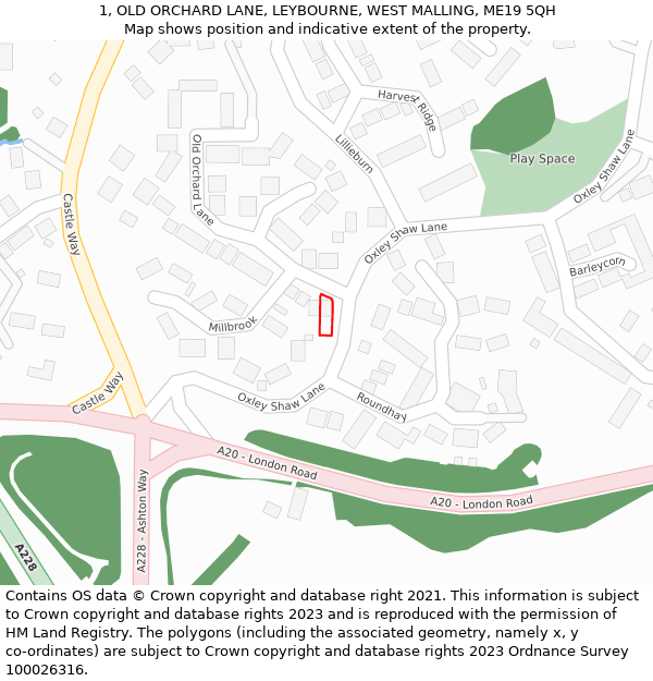 1, OLD ORCHARD LANE, LEYBOURNE, WEST MALLING, ME19 5QH: Location map and indicative extent of plot