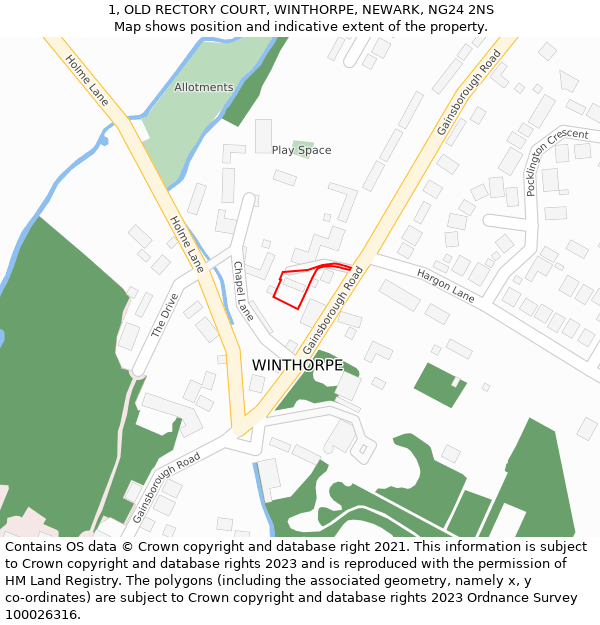 1, OLD RECTORY COURT, WINTHORPE, NEWARK, NG24 2NS: Location map and indicative extent of plot