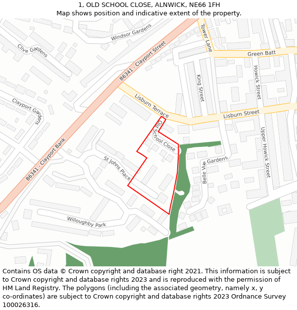 1, OLD SCHOOL CLOSE, ALNWICK, NE66 1FH: Location map and indicative extent of plot