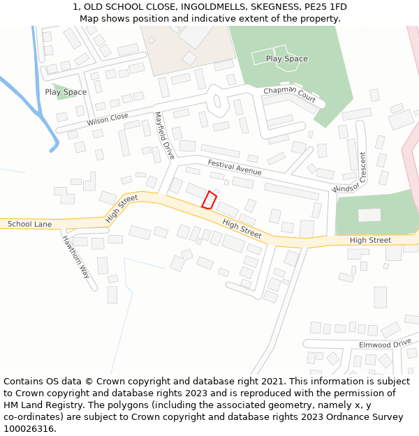 1, OLD SCHOOL CLOSE, INGOLDMELLS, SKEGNESS, PE25 1FD: Location map and indicative extent of plot