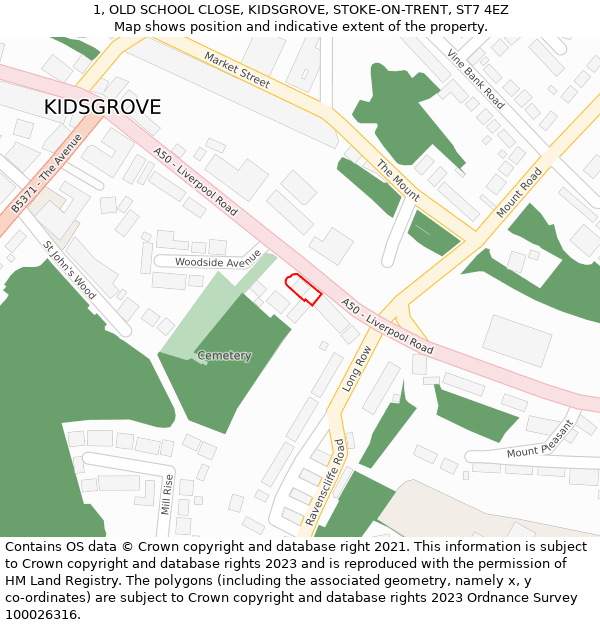 1, OLD SCHOOL CLOSE, KIDSGROVE, STOKE-ON-TRENT, ST7 4EZ: Location map and indicative extent of plot