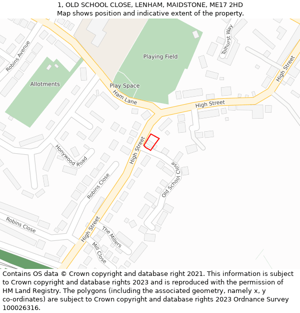 1, OLD SCHOOL CLOSE, LENHAM, MAIDSTONE, ME17 2HD: Location map and indicative extent of plot