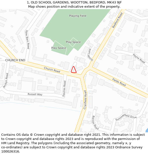 1, OLD SCHOOL GARDENS, WOOTTON, BEDFORD, MK43 9JF: Location map and indicative extent of plot