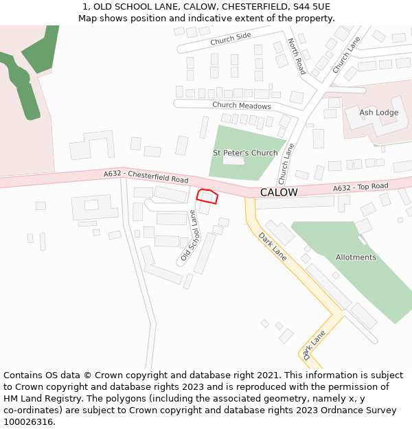 1, OLD SCHOOL LANE, CALOW, CHESTERFIELD, S44 5UE: Location map and indicative extent of plot