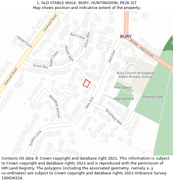 1, OLD STABLE WALK, BURY, HUNTINGDON, PE26 2LT: Location map and indicative extent of plot