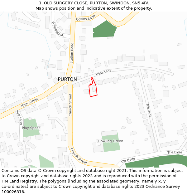 1, OLD SURGERY CLOSE, PURTON, SWINDON, SN5 4FA: Location map and indicative extent of plot