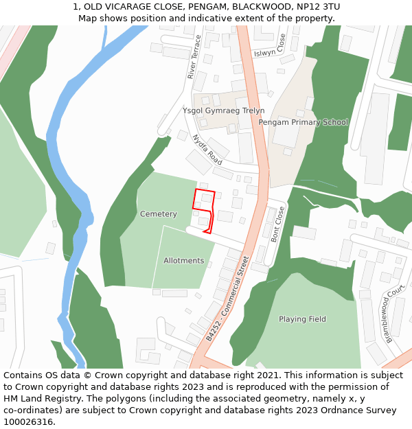 1, OLD VICARAGE CLOSE, PENGAM, BLACKWOOD, NP12 3TU: Location map and indicative extent of plot