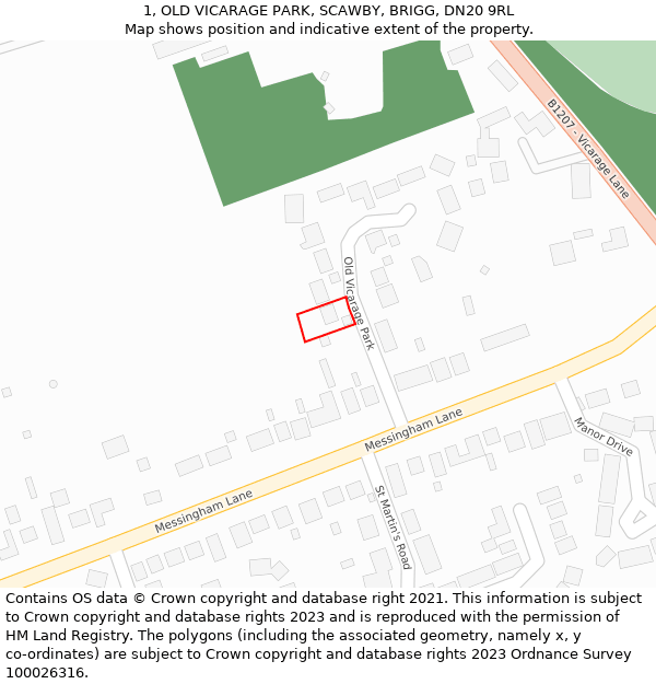 1, OLD VICARAGE PARK, SCAWBY, BRIGG, DN20 9RL: Location map and indicative extent of plot