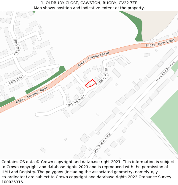 1, OLDBURY CLOSE, CAWSTON, RUGBY, CV22 7ZB: Location map and indicative extent of plot