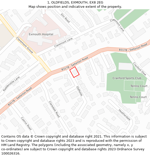 1, OLDFIELDS, EXMOUTH, EX8 2EG: Location map and indicative extent of plot