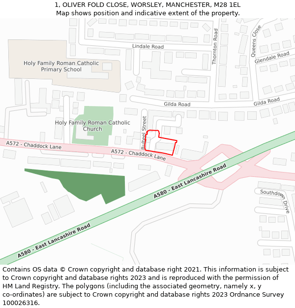 1, OLIVER FOLD CLOSE, WORSLEY, MANCHESTER, M28 1EL: Location map and indicative extent of plot