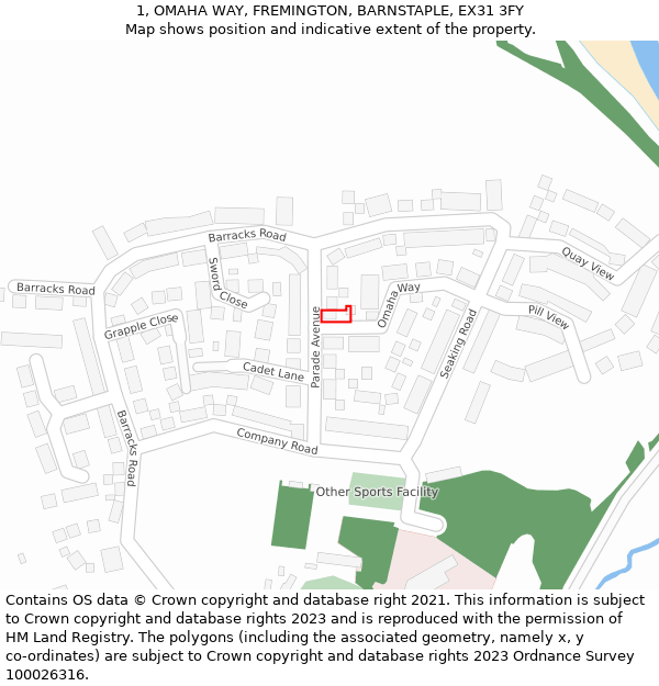 1, OMAHA WAY, FREMINGTON, BARNSTAPLE, EX31 3FY: Location map and indicative extent of plot