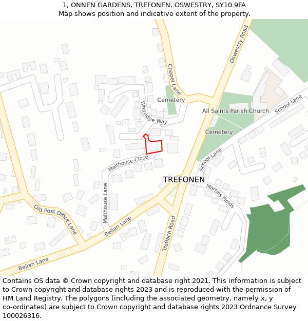 1, ONNEN GARDENS, TREFONEN, OSWESTRY, SY10 9FA: Location map and indicative extent of plot