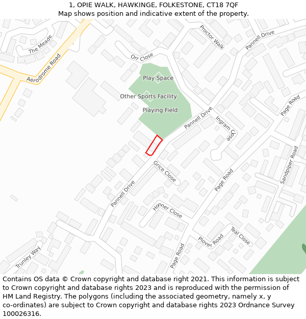 1, OPIE WALK, HAWKINGE, FOLKESTONE, CT18 7QF: Location map and indicative extent of plot