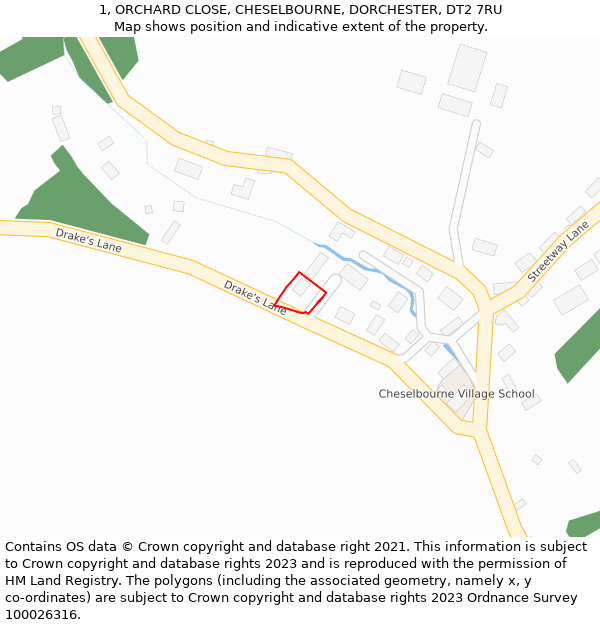 1, ORCHARD CLOSE, CHESELBOURNE, DORCHESTER, DT2 7RU: Location map and indicative extent of plot