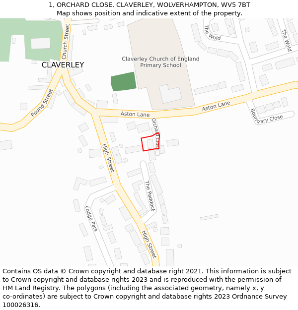 1, ORCHARD CLOSE, CLAVERLEY, WOLVERHAMPTON, WV5 7BT: Location map and indicative extent of plot