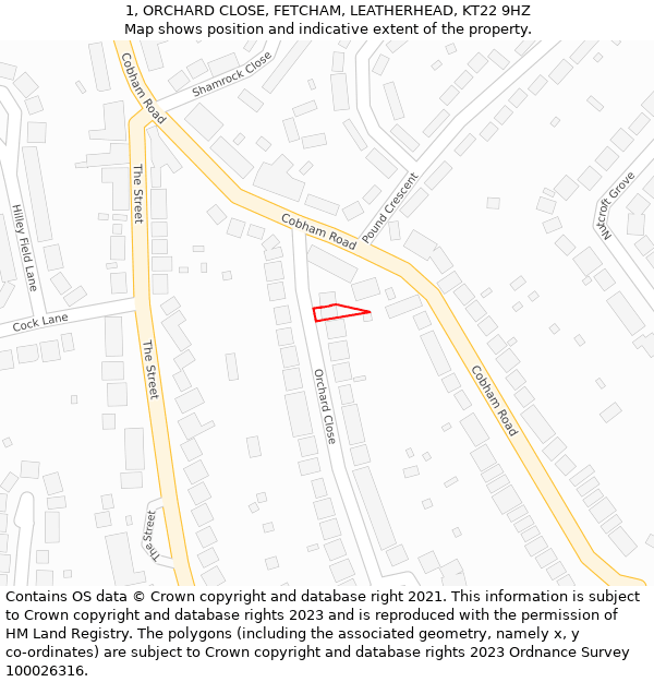 1, ORCHARD CLOSE, FETCHAM, LEATHERHEAD, KT22 9HZ: Location map and indicative extent of plot