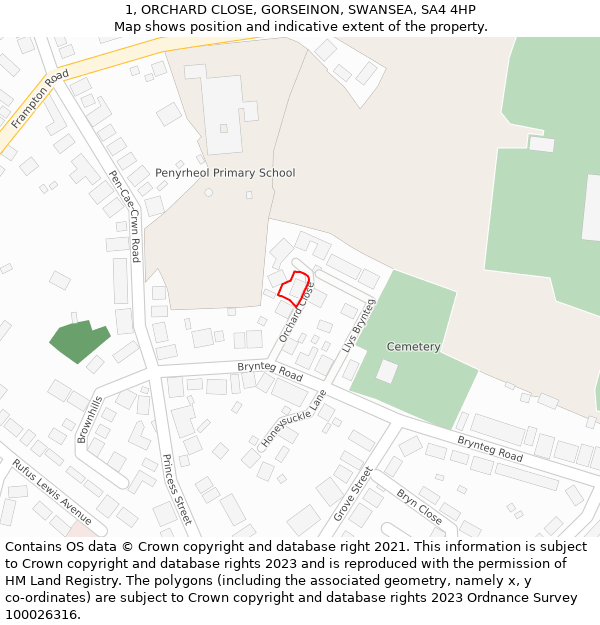 1, ORCHARD CLOSE, GORSEINON, SWANSEA, SA4 4HP: Location map and indicative extent of plot