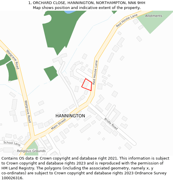 1, ORCHARD CLOSE, HANNINGTON, NORTHAMPTON, NN6 9HH: Location map and indicative extent of plot