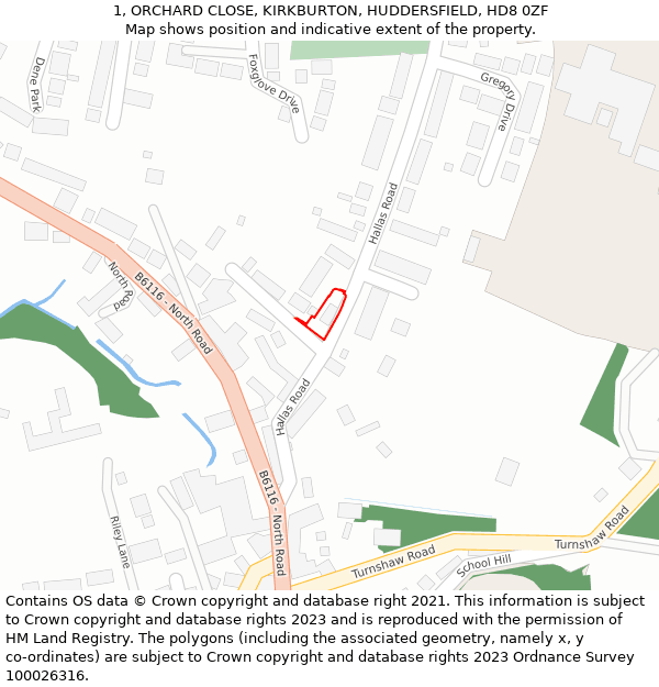 1, ORCHARD CLOSE, KIRKBURTON, HUDDERSFIELD, HD8 0ZF: Location map and indicative extent of plot