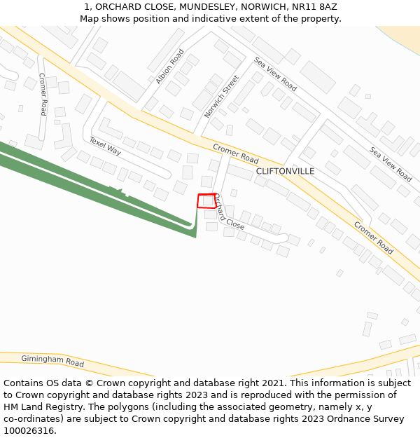 1, ORCHARD CLOSE, MUNDESLEY, NORWICH, NR11 8AZ: Location map and indicative extent of plot