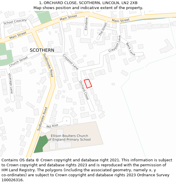 1, ORCHARD CLOSE, SCOTHERN, LINCOLN, LN2 2XB: Location map and indicative extent of plot