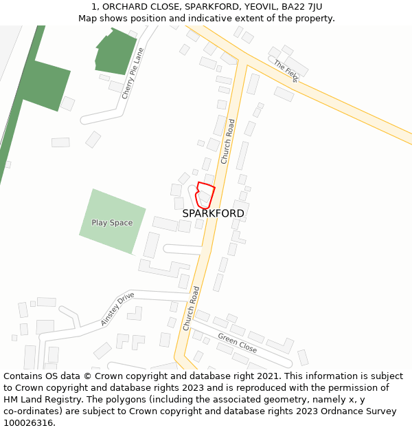 1, ORCHARD CLOSE, SPARKFORD, YEOVIL, BA22 7JU: Location map and indicative extent of plot