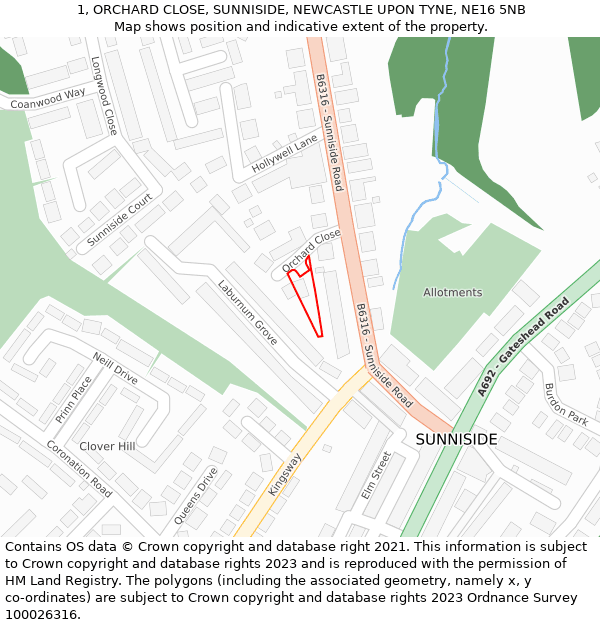 1, ORCHARD CLOSE, SUNNISIDE, NEWCASTLE UPON TYNE, NE16 5NB: Location map and indicative extent of plot