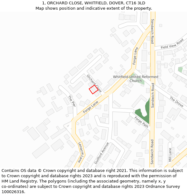 1, ORCHARD CLOSE, WHITFIELD, DOVER, CT16 3LD: Location map and indicative extent of plot