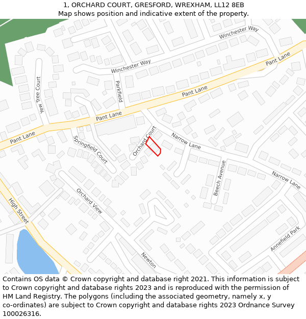 1, ORCHARD COURT, GRESFORD, WREXHAM, LL12 8EB: Location map and indicative extent of plot