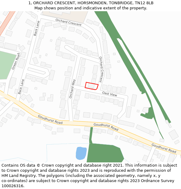 1, ORCHARD CRESCENT, HORSMONDEN, TONBRIDGE, TN12 8LB: Location map and indicative extent of plot