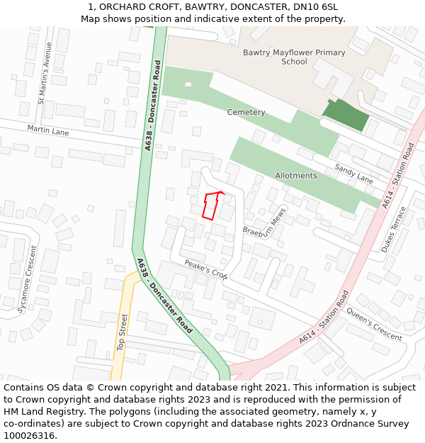 1, ORCHARD CROFT, BAWTRY, DONCASTER, DN10 6SL: Location map and indicative extent of plot