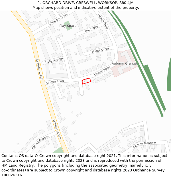 1, ORCHARD DRIVE, CRESWELL, WORKSOP, S80 4JA: Location map and indicative extent of plot