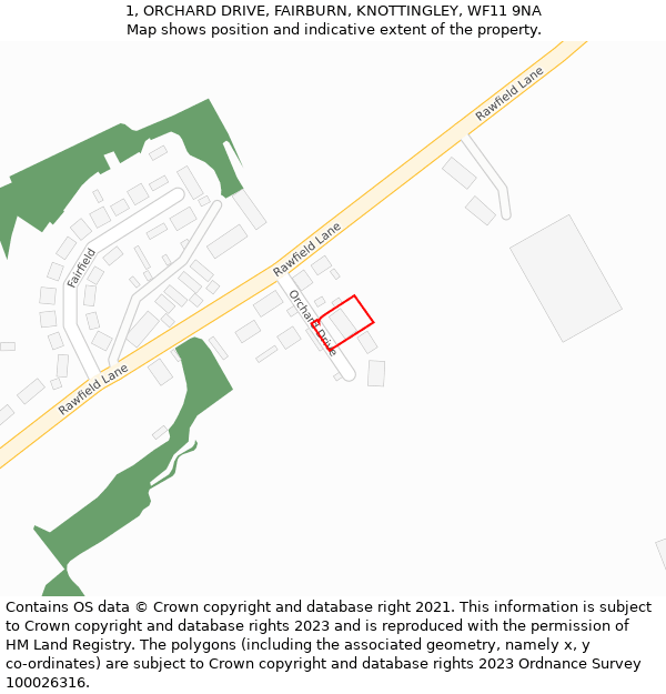 1, ORCHARD DRIVE, FAIRBURN, KNOTTINGLEY, WF11 9NA: Location map and indicative extent of plot